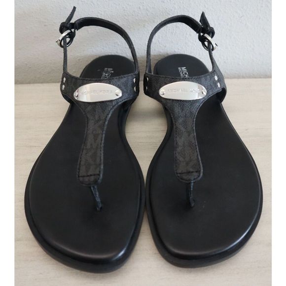Michael Kors ME21K Women's Sz 9M Black Mallory Leather Logo T-Strap Sandals - Picture 2 of 9